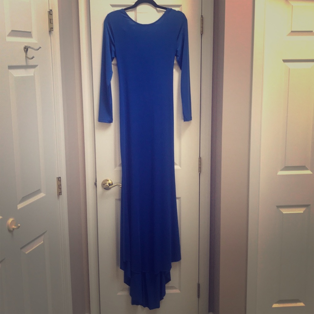 Unique Long Sleeve Blue Dress, Criss-Cross Back